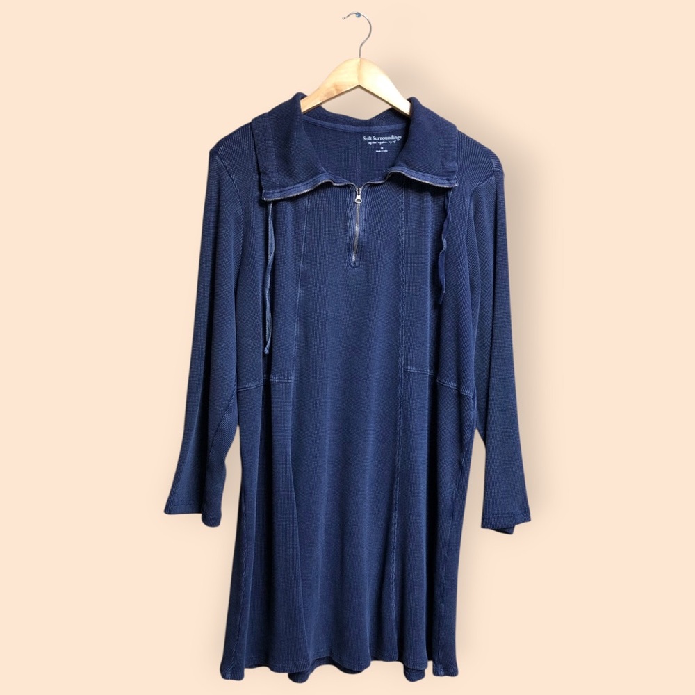Soft Surroundings Blue Waffle Knit Thermal Quarter Zip Oversized Tunic Top 1X